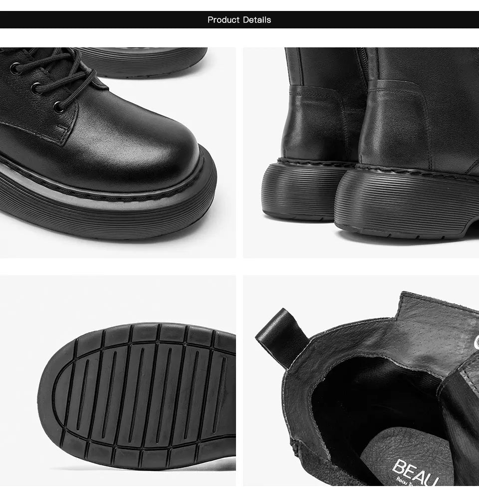 BeauToday Ankle Boots Women Cow Leather Platform Side Zipper Cross-tied Lace Sewing Female Autumn Shoes Handmade 04490