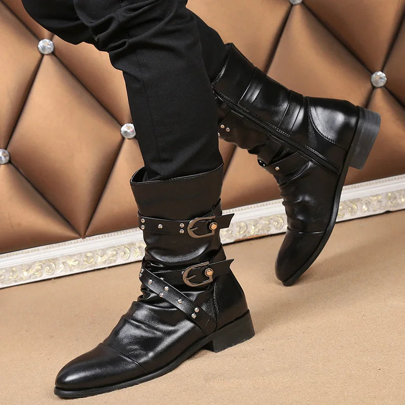 mens casual steampunk motorcycle mid-calf long boots buckle cow leather shoes youth high boot outdoors botas militares sapatos