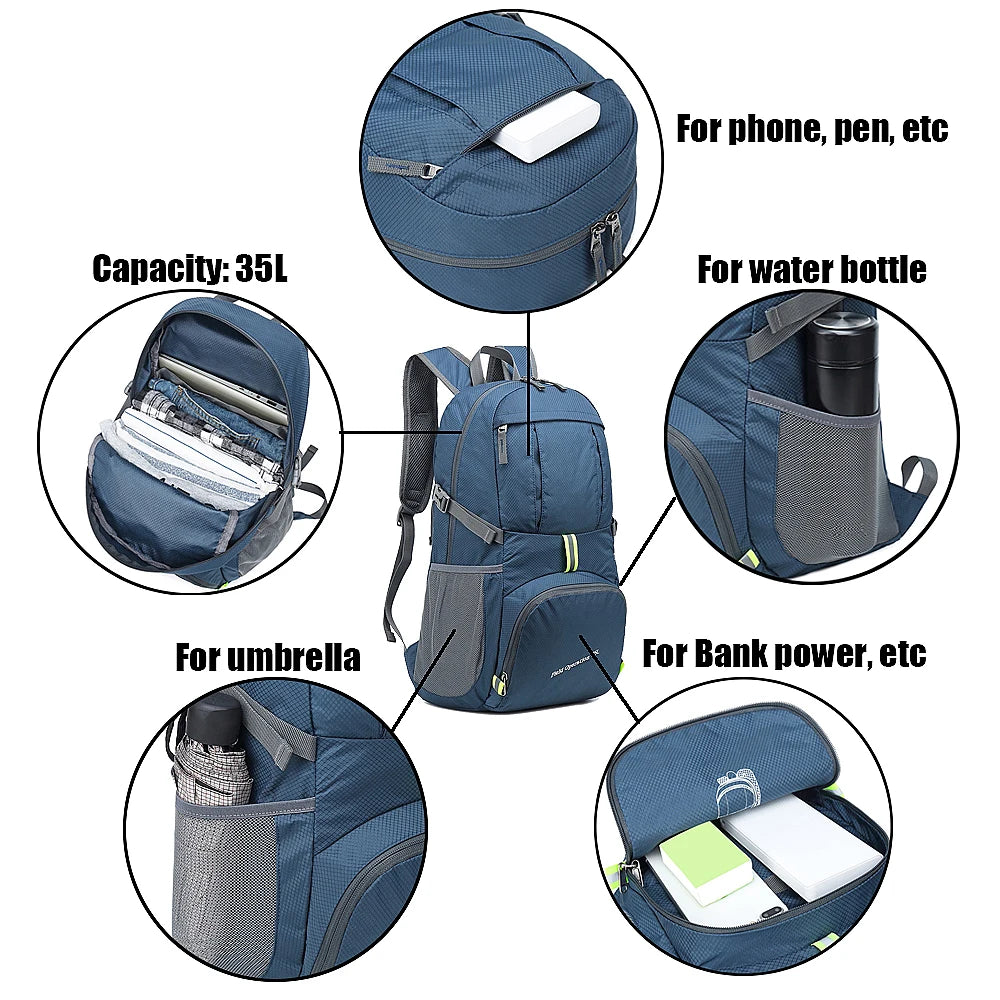 35L Outdoor Foldable Waterproof Backpack Lightweight Portable Daypack Bag Large  Hunting Camping Traveling Hiking Backpacks