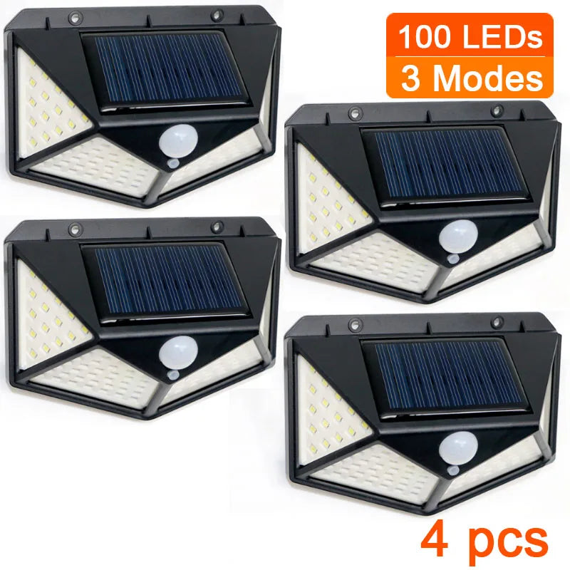 4 sides 100LEDs 3 modes glow PIR motion sensor solar wall light garden solar energy lamp always on at night outdoor street lamp