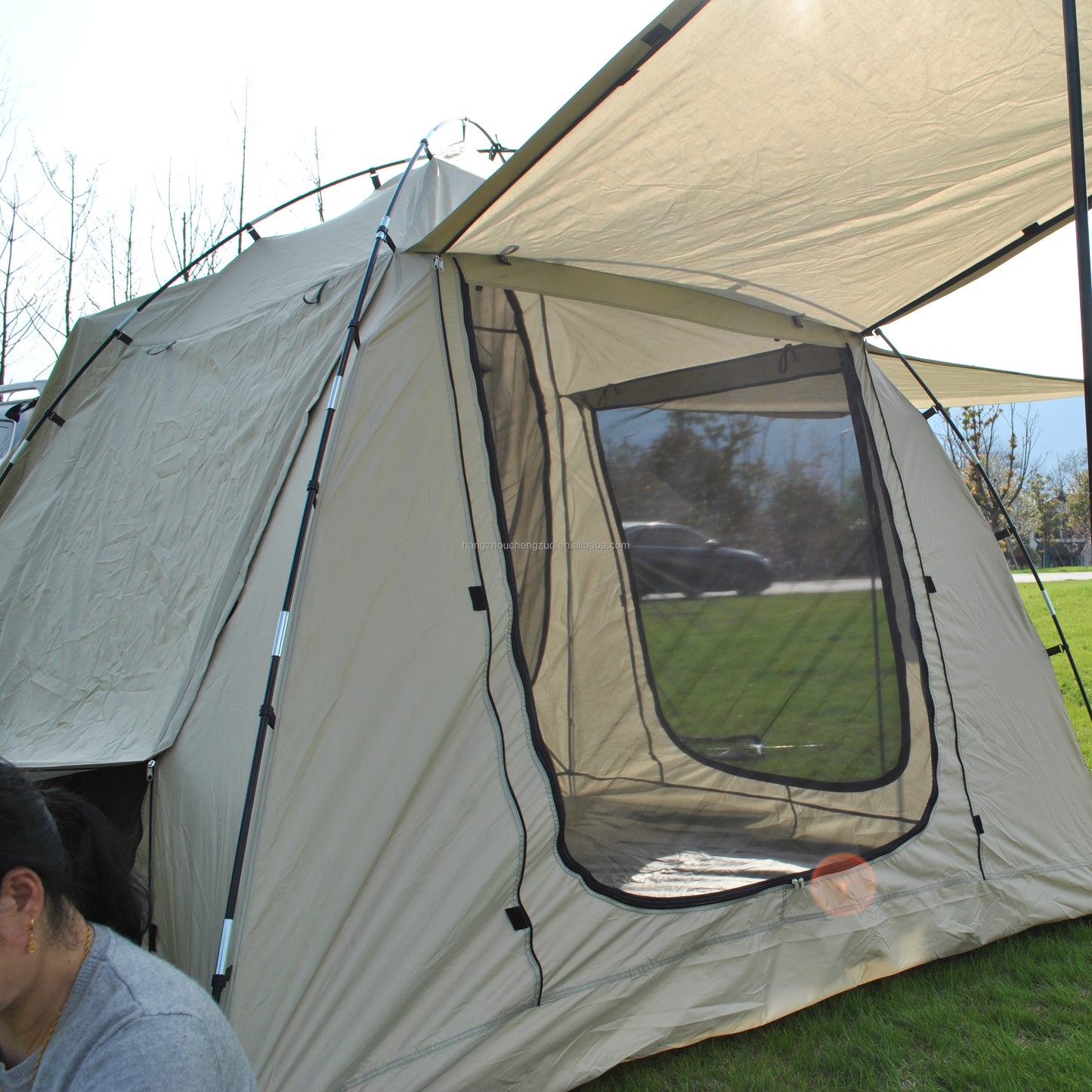 Car Rear Tent with Large Awning, Rear Tailgate Tents with Floor, 4 Person Family Camping, PU4000 Waterproof Fabric