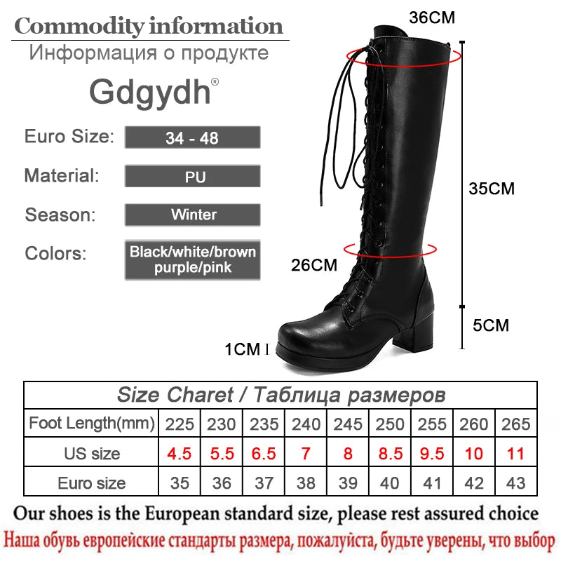 Gdgydh 2022 Autumn Lace-Up Women Motorcycle Boots Square To Low Heels Knee High Boots Winter Female Footwear Plus Large Size