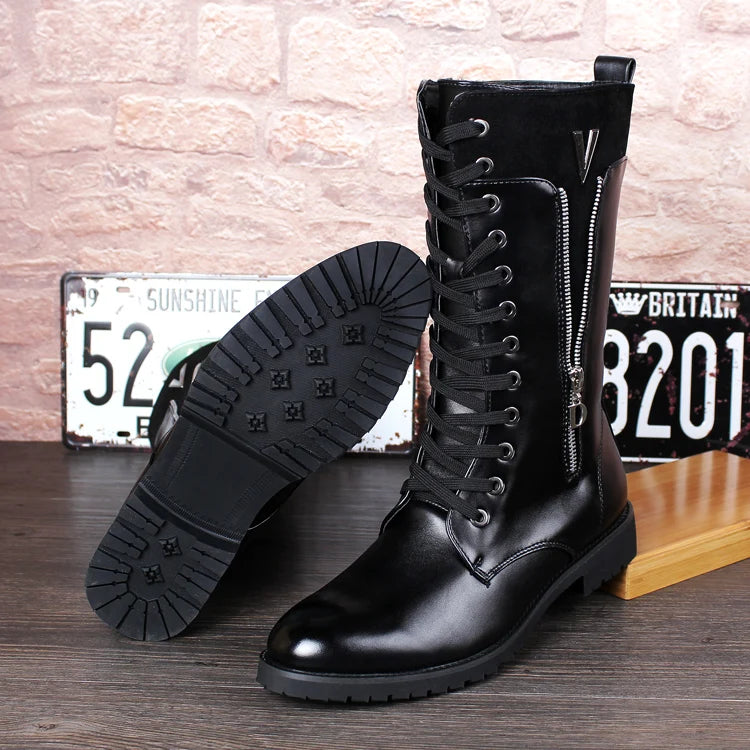 British fashion motorcycle boots for men genuine leather shoes cowboy high boot lace-up long botas masculinas zapatos de hombre