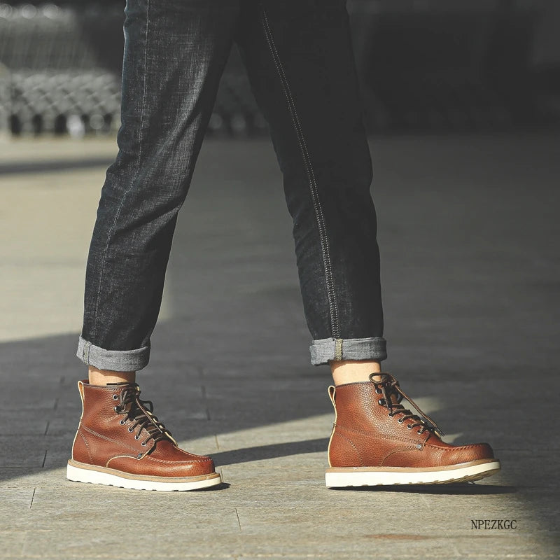 Handmade Men Boots Vintage Casual Autumn Winter Cow Leather Shoes British Ankle Boots Wings Motorcycle Boots Zapatos Hombre