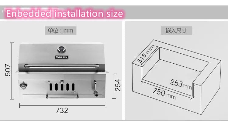 S.Steel charcoal BBQ grill Stainless steel built-in grill, courtyard grill, charcoal grill，outdoor BBQ stove