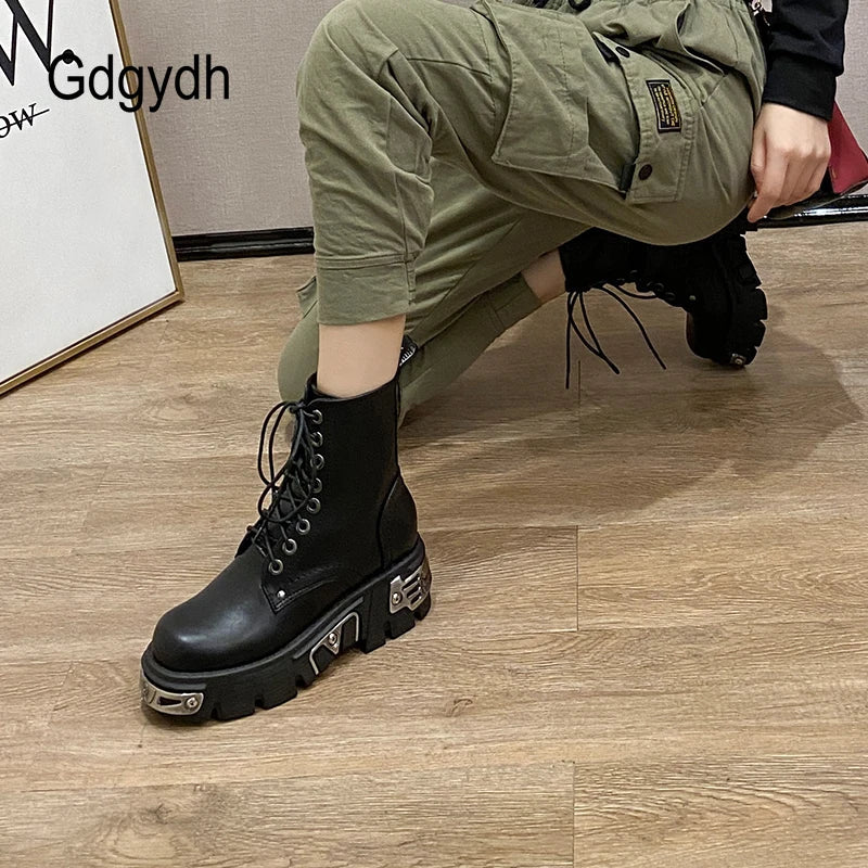Gdgydh Darkness Punk Style Platform Women Ankle Boots Chunky Heel Black Metal Decor Women's Motorcycle Boots Lace UP Top Quality