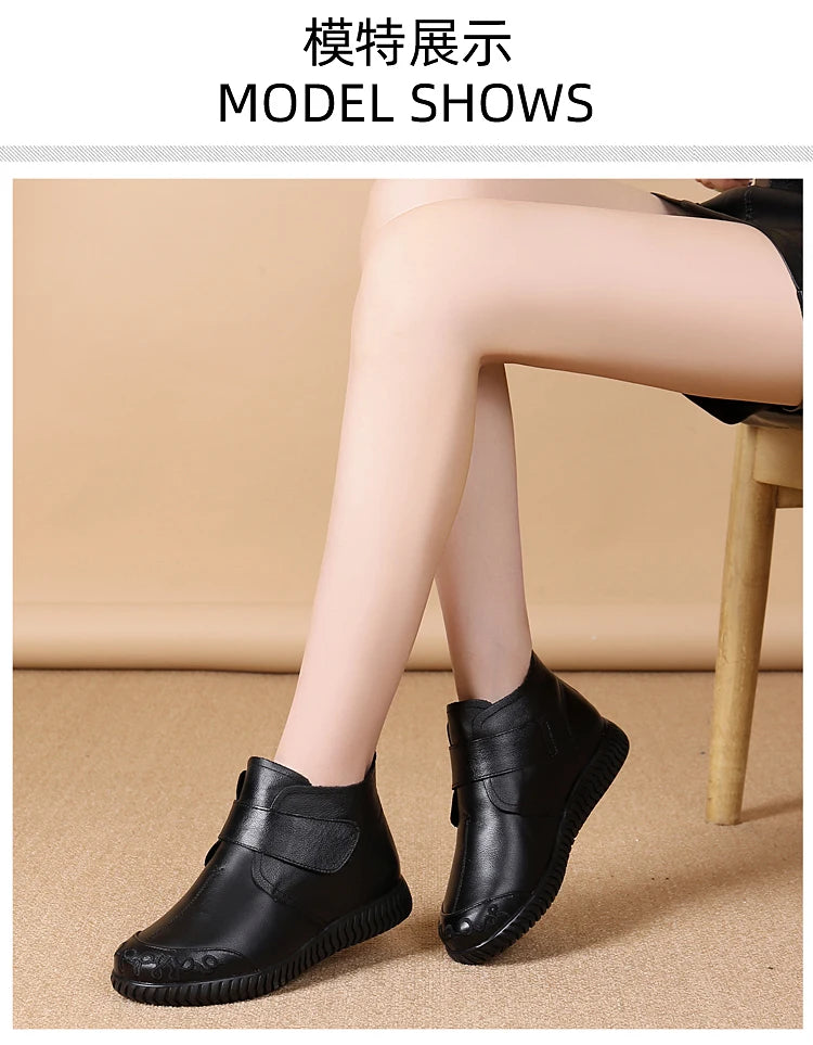 2024 New Women's Real Leather Ankle Boots Thick Bottom Plush Shoes Women Winter Warm Shoes Fashion Cool Footwear Size 35-41