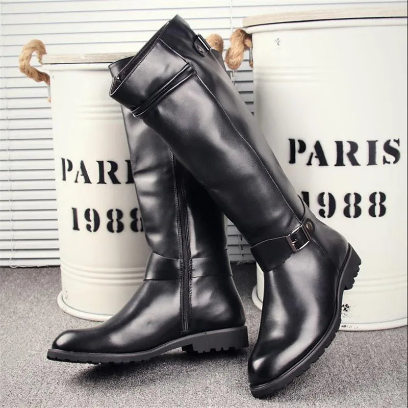 Leather Boots Fur High Top Casual Shoes Men Male Boots over the knee Botas Brand Motorcycle Boots