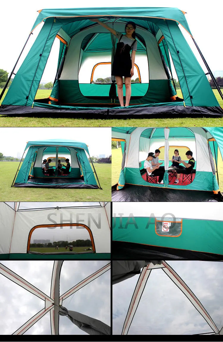 Outdoor Double Deck Two Bedrooms And Four Seasons Camping Waterproof Tent 8-12 People Picnic Large Space Camping Tent