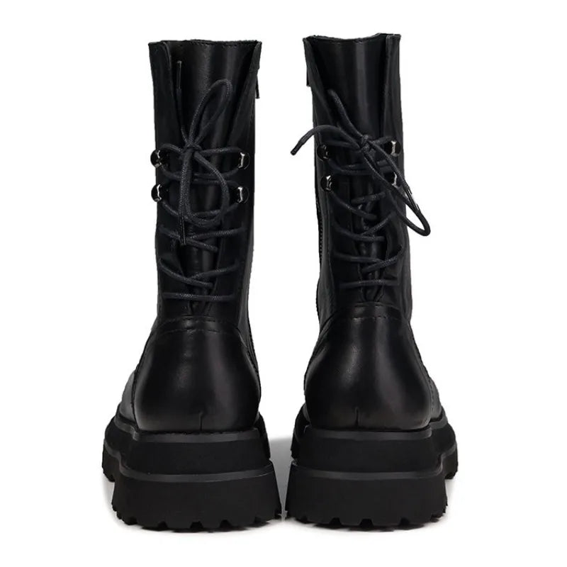 Gothic Mens Thick Platform Mid Calf Boots High Top Lace Up Genuine Leather Motorcycle Boots Zipper Punk Knight Boots Biker Shoes