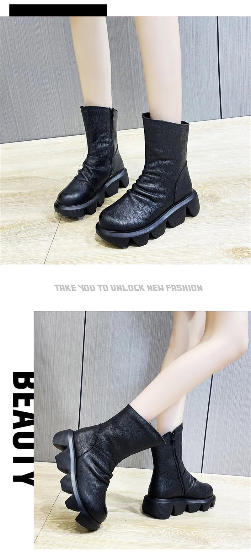 BEYARNE Ankle Boots Women Genuine Cow Leather Platform Bootie Side Zipper Soft Comfortable Autumn Winter Ladies Shoes Handmade