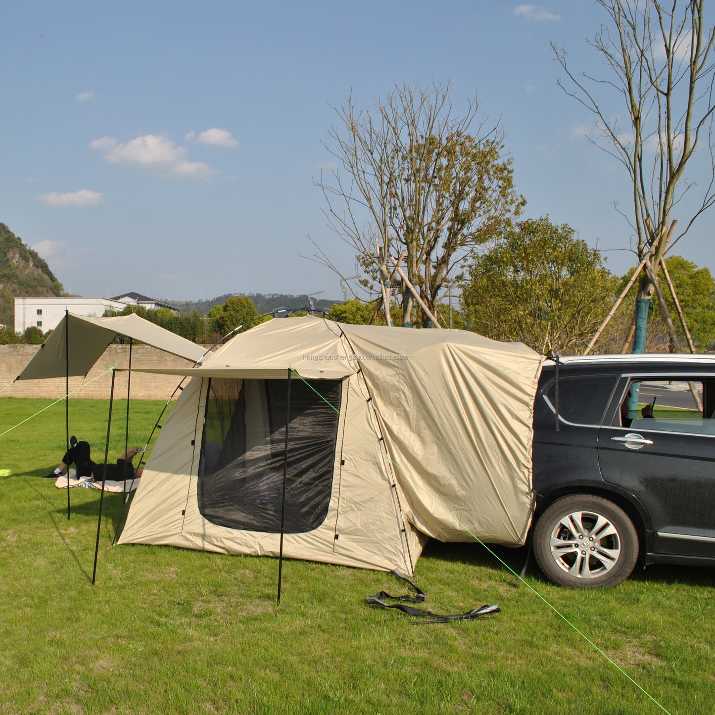 Car Rear Tent with Large Awning, Rear Tailgate Tents with Floor, 4 Person Family Camping, PU4000 Waterproof Fabric