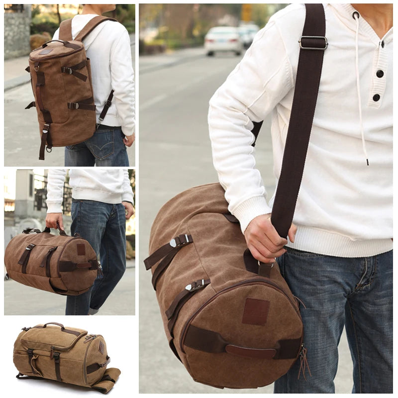 Large Men Cylinder Backpacks Canvas Luggage Shoulder Bags Duffle Hiking Camping Hunting Rucksack Travel Climbing Mountain Bags