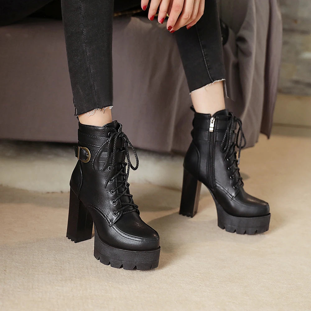 Black Platform Combat Ankle Boots For Women Round Toe Buckle Strap Woman Lace Up Shoes Winter Biker Boot Motorcycle Bottes 41 42