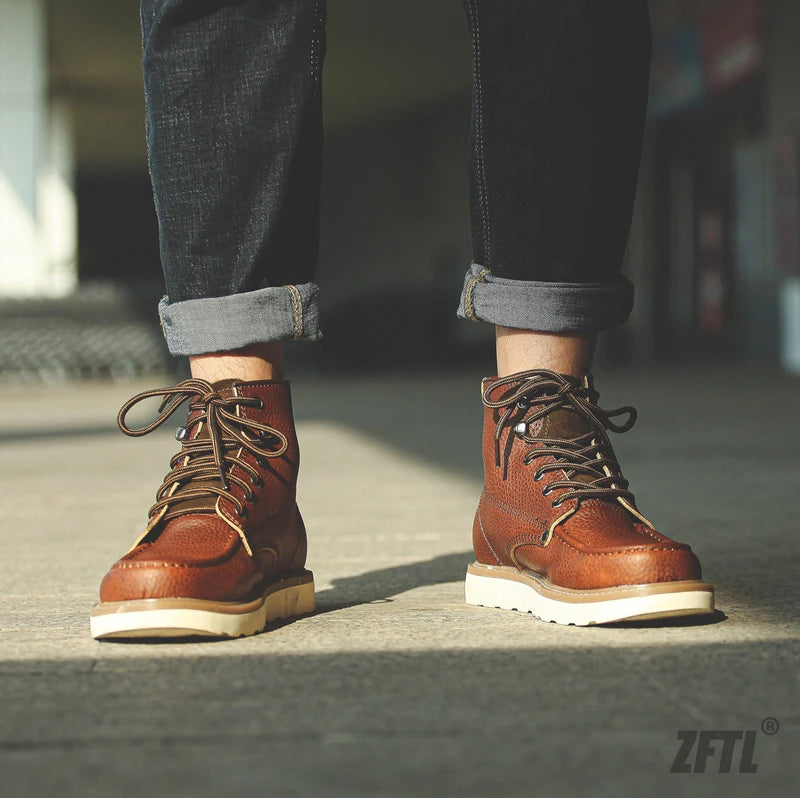 ZFTL Men's Boots Cowhide Thick-soled boots retro British Outdoor Tooling shoes Ankle Boots Male Casual Lace up boots 2025