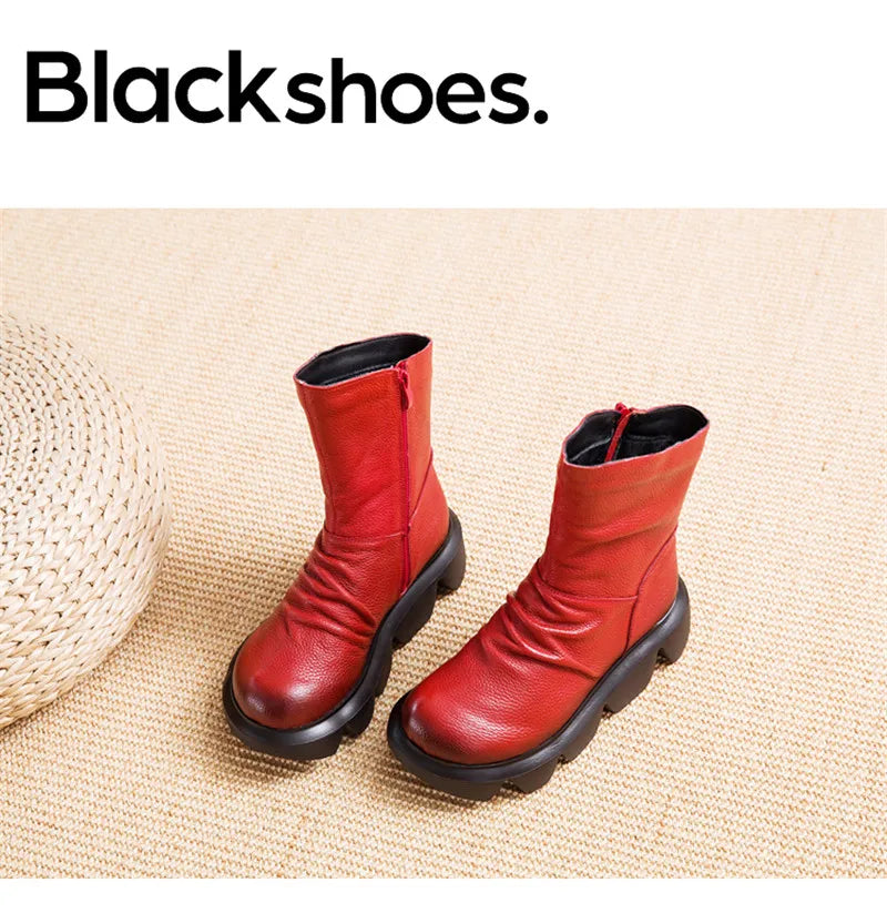 BEYARNE Ankle Boots Women Genuine Cow Leather Platform Bootie Side Zipper Soft Comfortable Autumn Winter Ladies Shoes Handmade