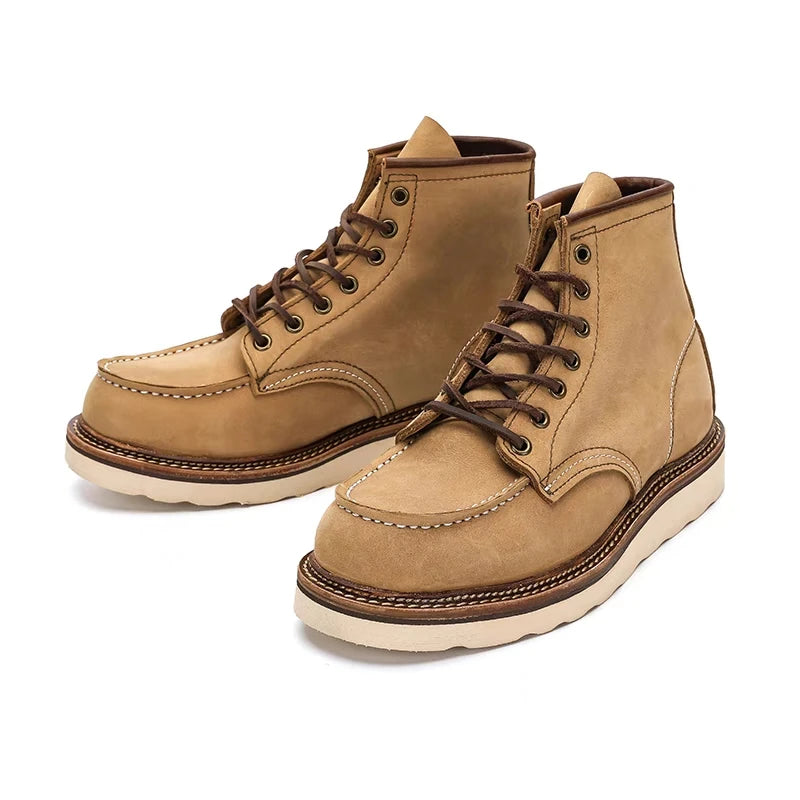 1907 Vintage Unisex Men Shoes Ankle Boots Handmade Autumn Winter Cow Leather Shoes Wings Round Toe Tooling Motorcycle Boots