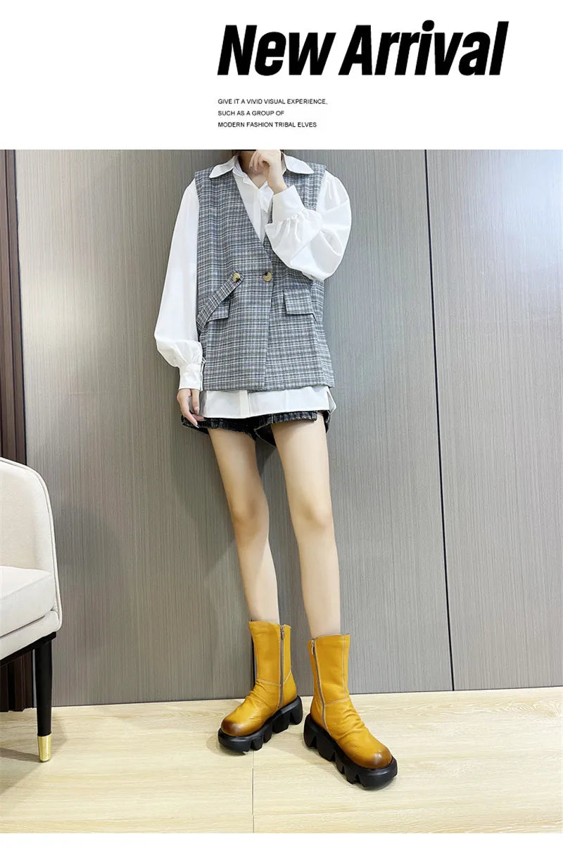 BEYARNE Ankle Boots Women Genuine Cow Leather Platform Bootie Side Zipper Soft Comfortable Autumn Winter Ladies Shoes Handmade