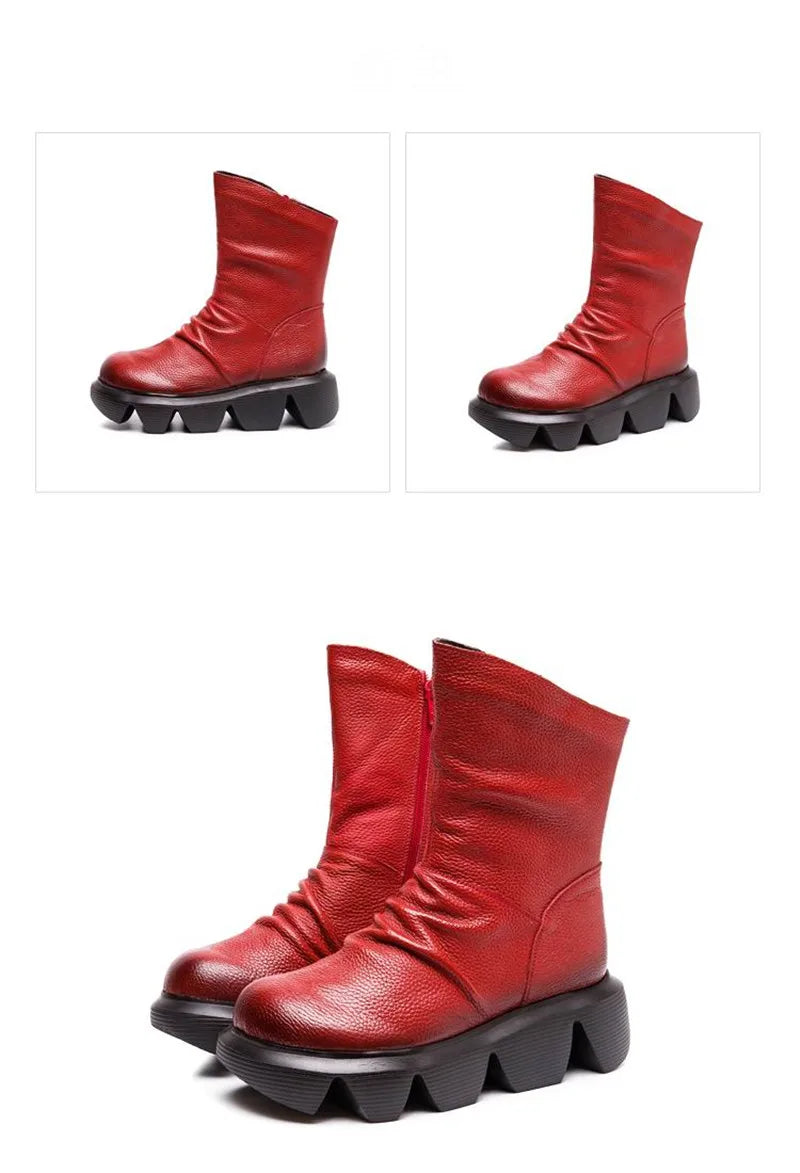 BEYARNE Ankle Boots Women Genuine Cow Leather Platform Bootie Side Zipper Soft Comfortable Autumn Winter Ladies Shoes Handmade