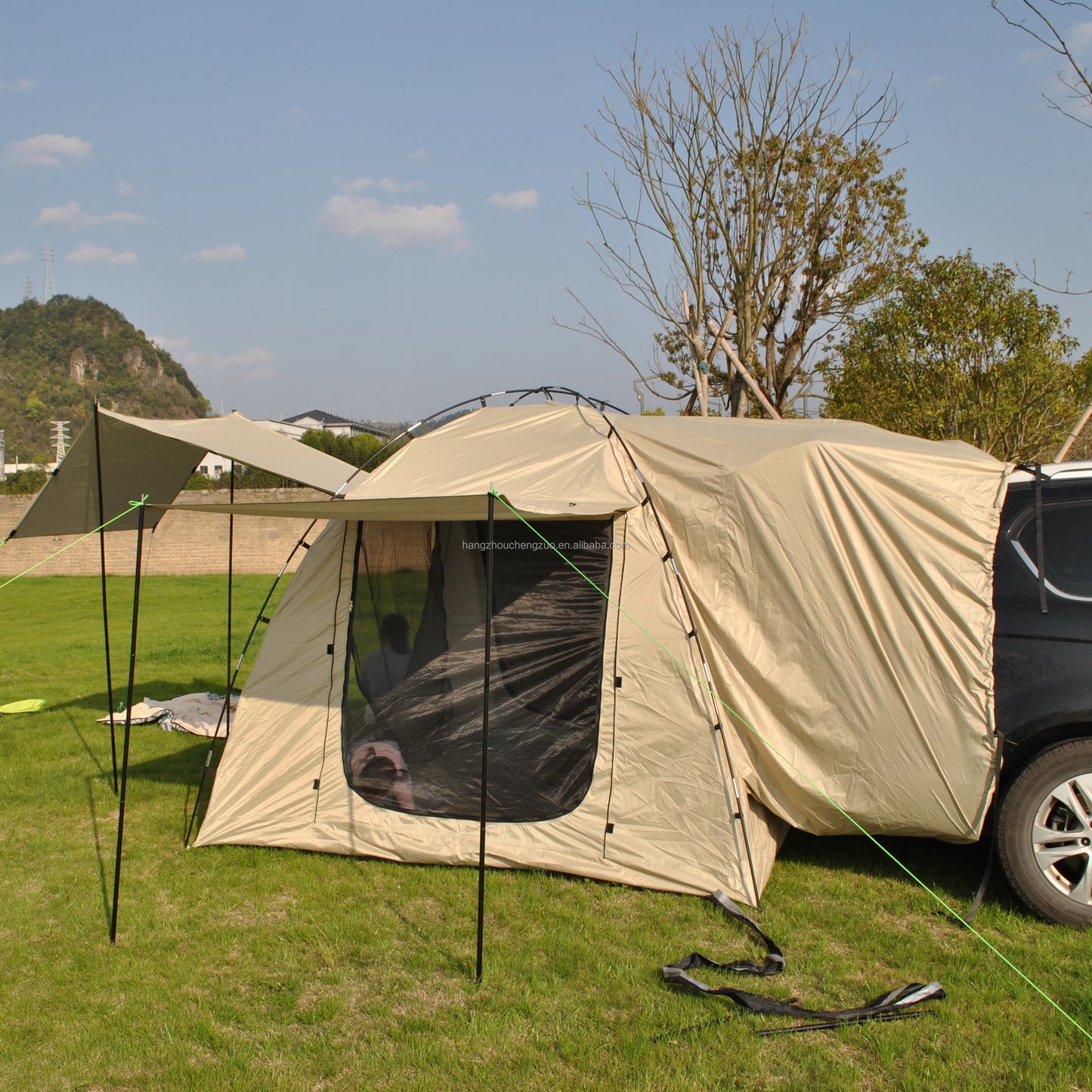 Car Rear Tent with Large Awning, Rear Tailgate Tents with Floor, 4 Person Family Camping, PU4000 Waterproof Fabric