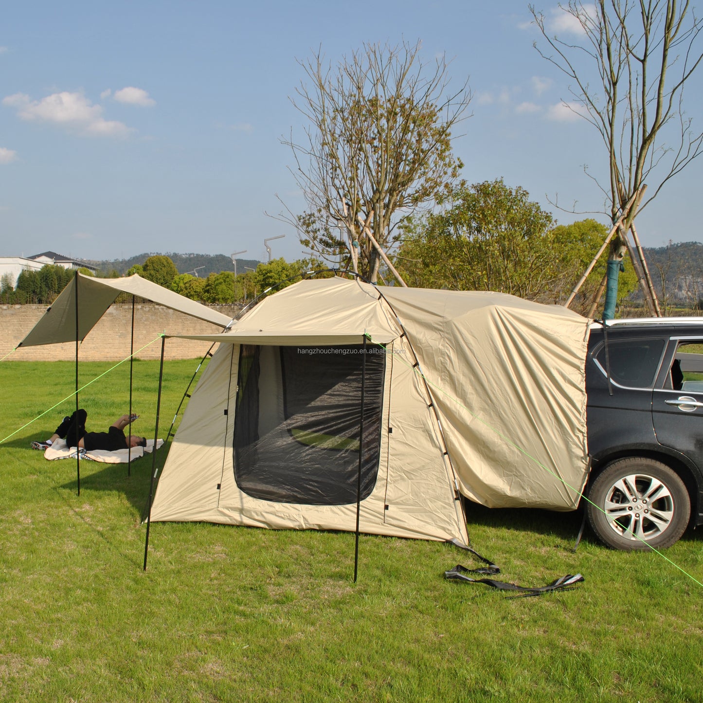 Car Rear Tent with Large Awning, Rear Tailgate Tents with Floor, 4 Person Family Camping, PU4000 Waterproof Fabric