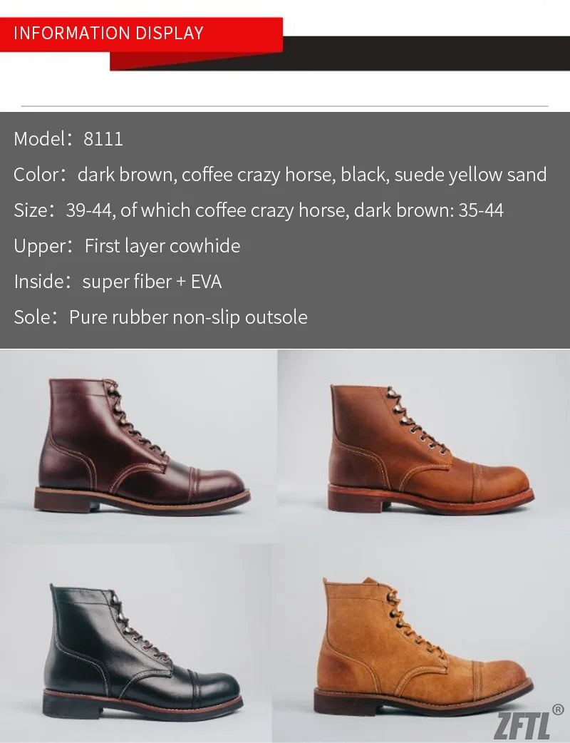 ZFTL Men's Motorcycle Boots Cowhide American Vintage Genuine Leather Desert Boots Male Lace up Boots Couple boots 2025