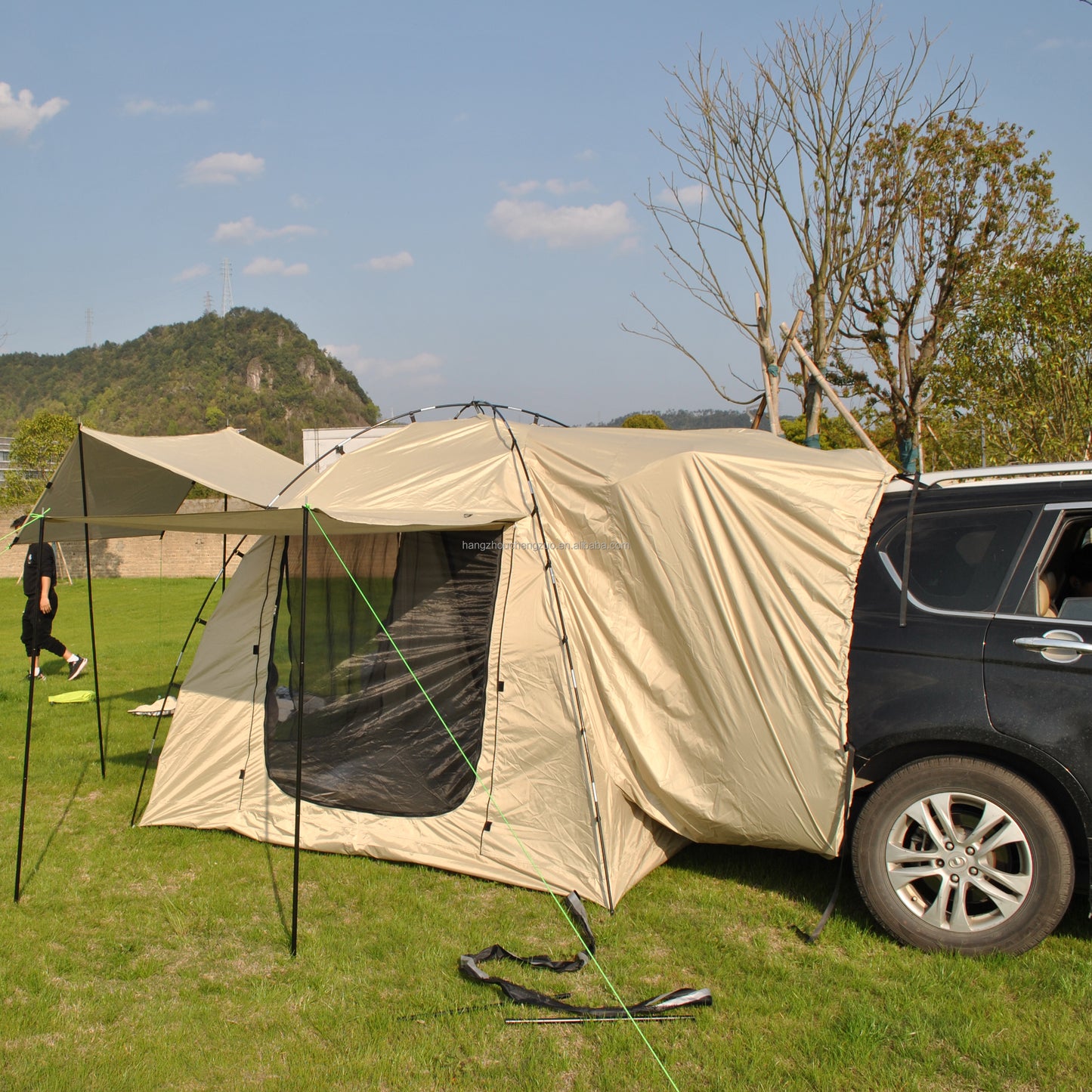 Car Rear Tent with Large Awning, Rear Tailgate Tents with Floor, 4 Person Family Camping, PU4000 Waterproof Fabric
