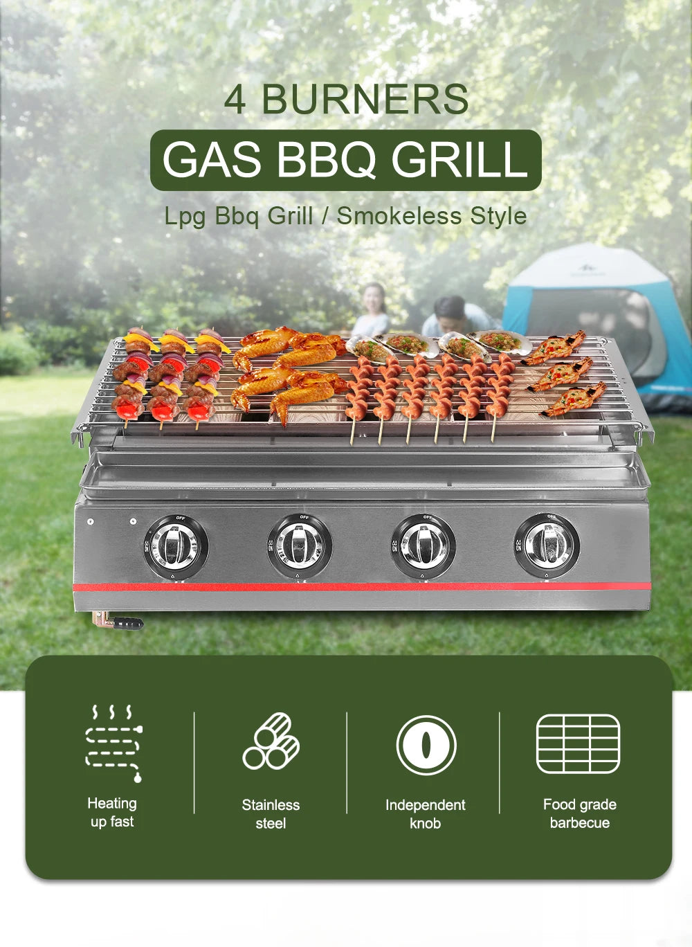 Smokeless LPG Grill 4 Burners Gas BBQ Stove Barbecue Tools For Outdoors Ceramic Burners With Stainless Steel or Glass Covers