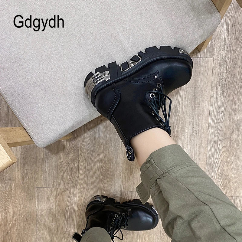 Gdgydh Darkness Punk Style Platform Women Ankle Boots Chunky Heel Black Metal Decor Women's Motorcycle Boots Lace UP Top Quality