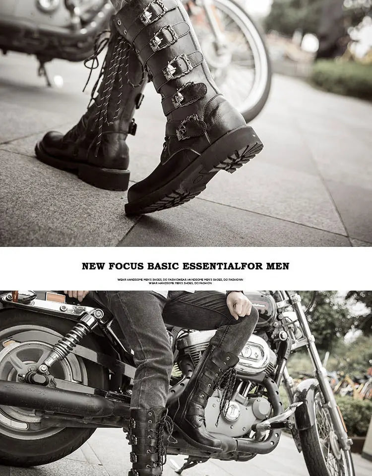 Men's PU Leather Motorcycle Boots High Over the Knee  Boots Gothic Belt Punk Boots Men Shoes Boot