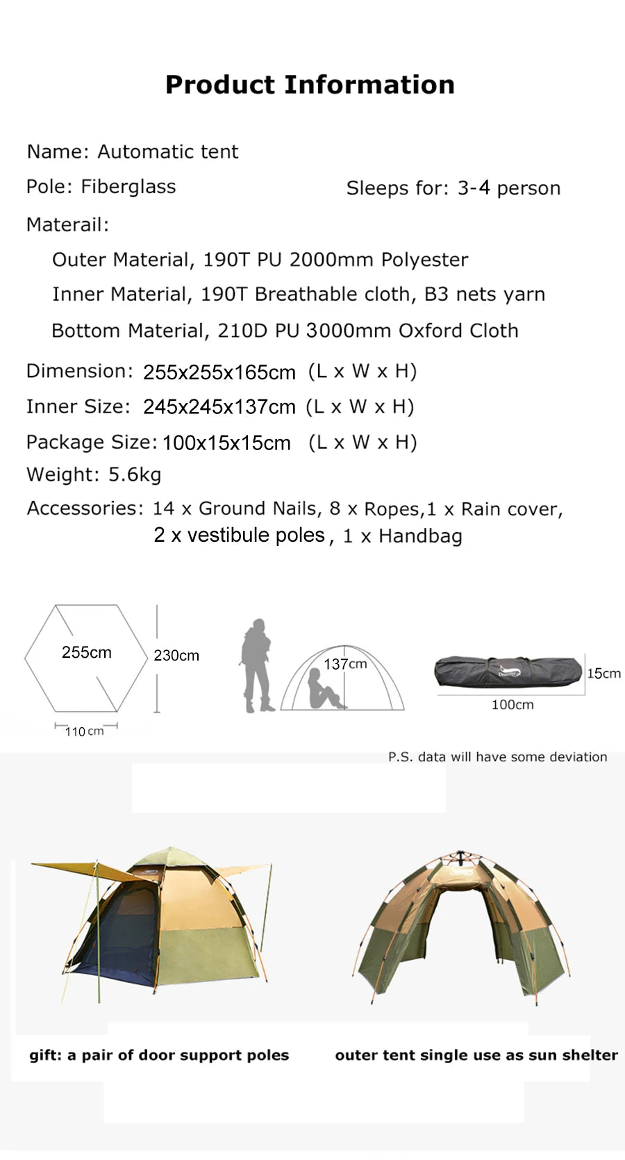 Desert&Fox Pop-up Automatic Tent 3-4 Person Instant Camping Tent Backpacking Family Dome Tents for Camping Hiking Travelling