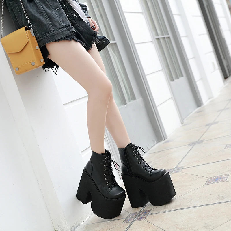 17cm Boots For Women Fashion Black Ankle Boots Punk Style Autumn Cosplay Shoes High Heels Goth Platform Boots Bottes Femme