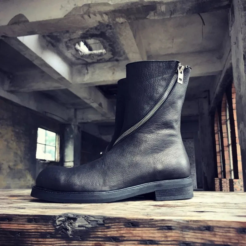 New Men Vintage Boots Round Toe Genuine Leather Mid-Calf Boot Punk Winter Handmade Black Motorcycle Biker Booties Zapatos Hombre