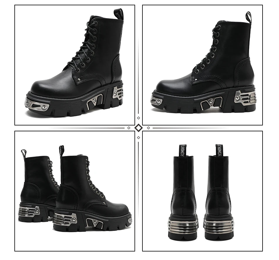 Gdgydh Darkness Punk Style Platform Women Ankle Boots Chunky Heel Black Metal Decor Women's Motorcycle Boots Lace UP Top Quality
