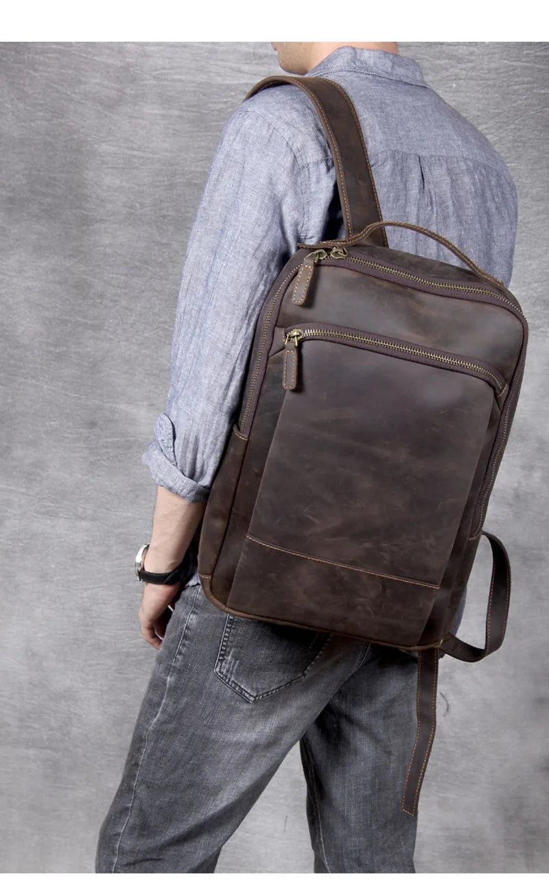 Vintage Crazy Horse Genuine Leather Backpack Men Backpack Laptop Leather Daily Bagpack Male Rucksack Trave Hiking Knapsack Large