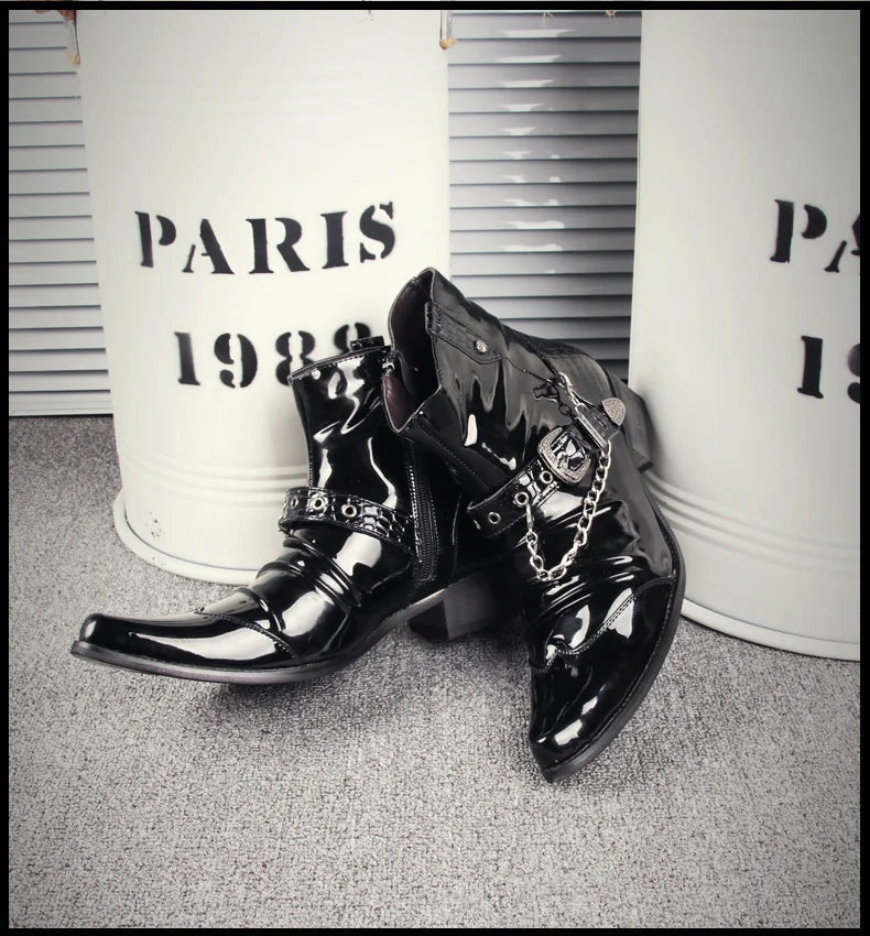 Korean style men's luxury fashion punk motorcycle boots patent leather shoes pointed toe oxfords shoe black ankle bota masculina