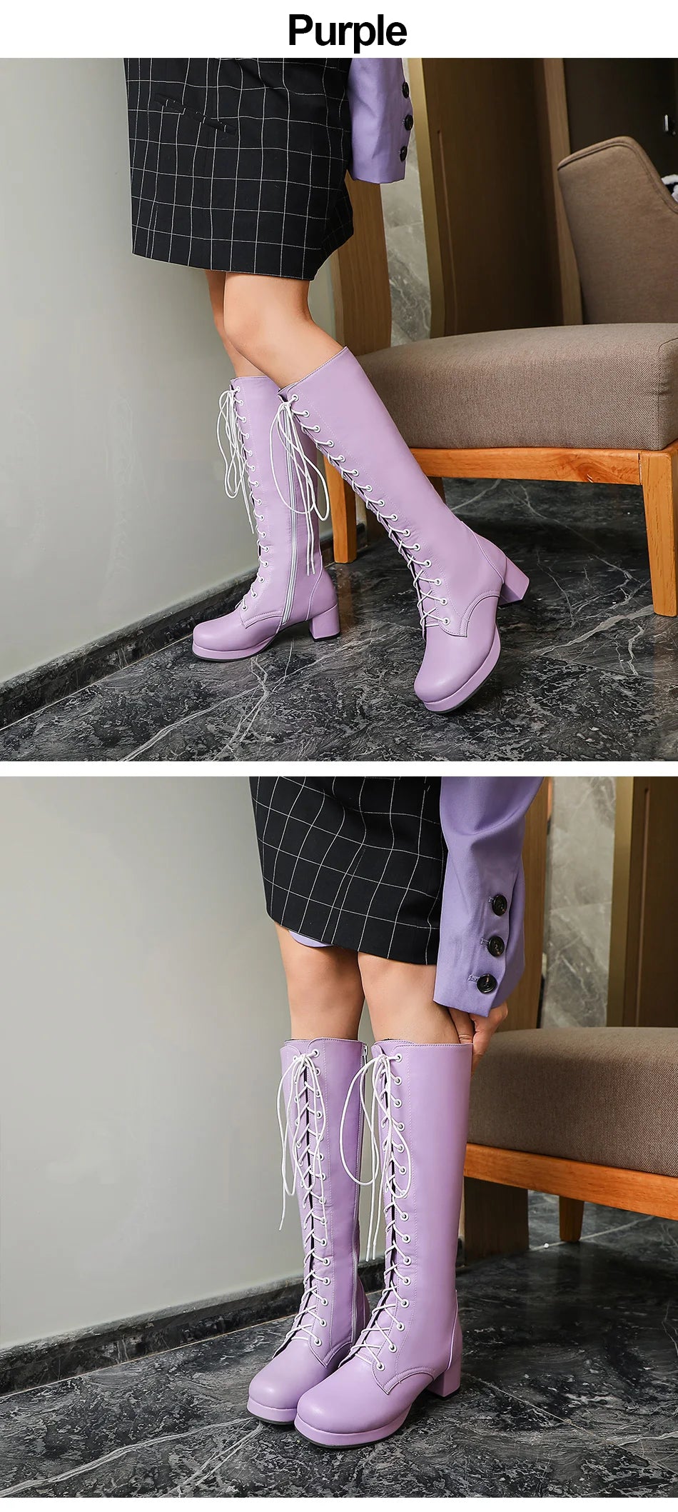 Gdgydh 2022 Autumn Lace-Up Women Motorcycle Boots Square To Low Heels Knee High Boots Winter Female Footwear Plus Large Size