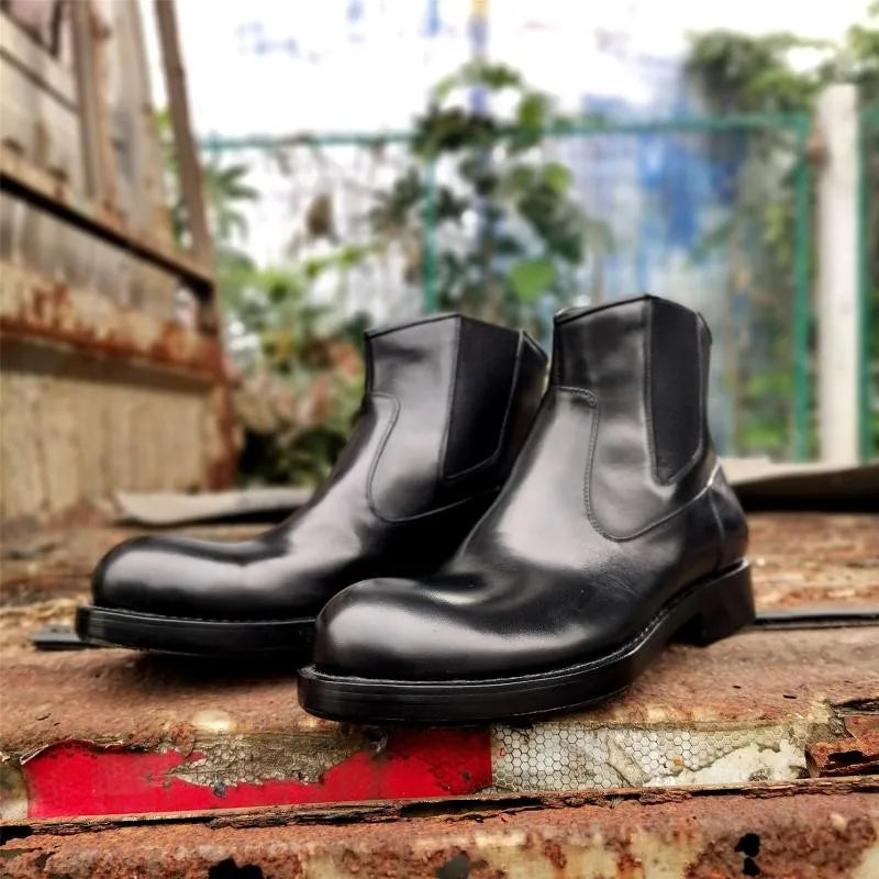 Classic Chelsea Boots Men Handmade Slip-On Round Toe Motorcycle Boots Cowhide Genuine Leather High Top Shoes Cowboy Boots