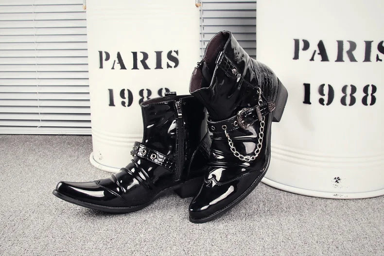 Korean style men's luxury fashion punk motorcycle boots patent leather shoes pointed toe oxfords shoe black ankle bota masculina