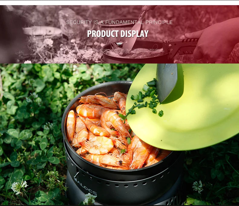 ALOCS CW-C05 Set of 10 Pieces Outdoor Camping Cooking Set Utensil Alcohol Stove Spirit Burner Cooker Pot Frying Pan Windshield