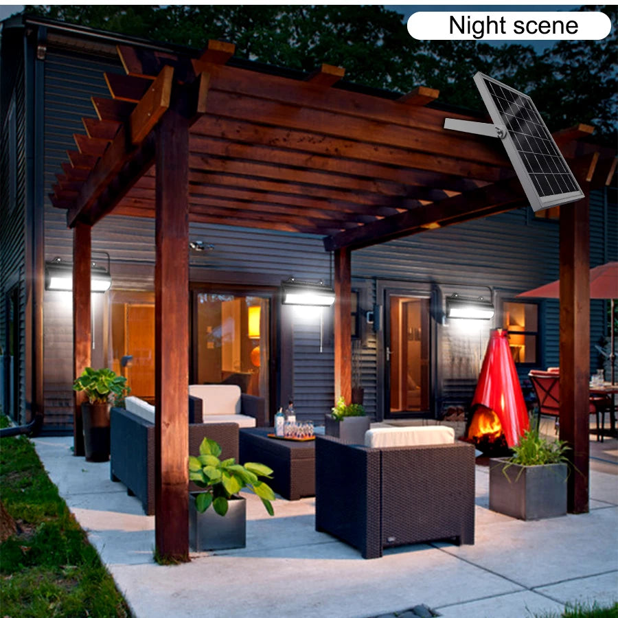 Double Head Solar Pendant Light Outdoor Waterproof Garden PIR Motion Sensor LED Floodlight Dimmable Remote Cord Solar Light Shed