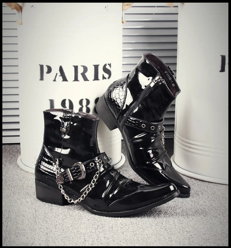 Korean style men's luxury fashion punk motorcycle boots patent leather shoes pointed toe oxfords shoe black ankle bota masculina