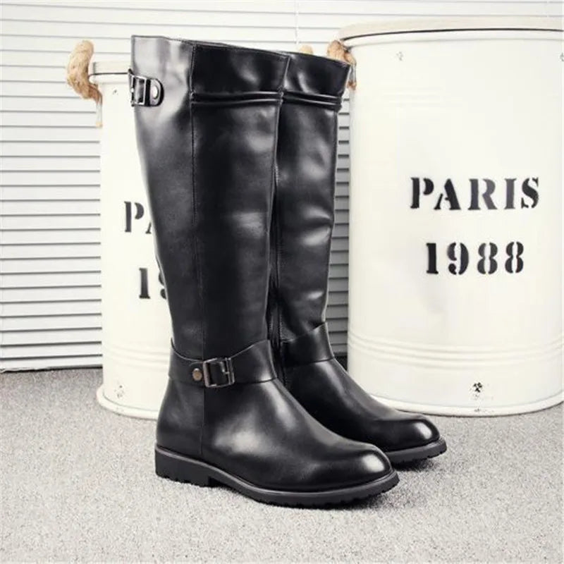 Leather Boots Fur High Top Casual Shoes Men Male Boots over the knee Botas Brand Motorcycle Boots