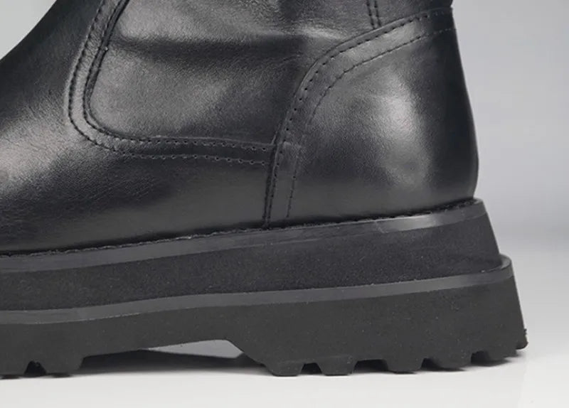 Gothic Mens Thick Platform Mid Calf Boots High Top Lace Up Genuine Leather Motorcycle Boots Zipper Punk Knight Boots Biker Shoes