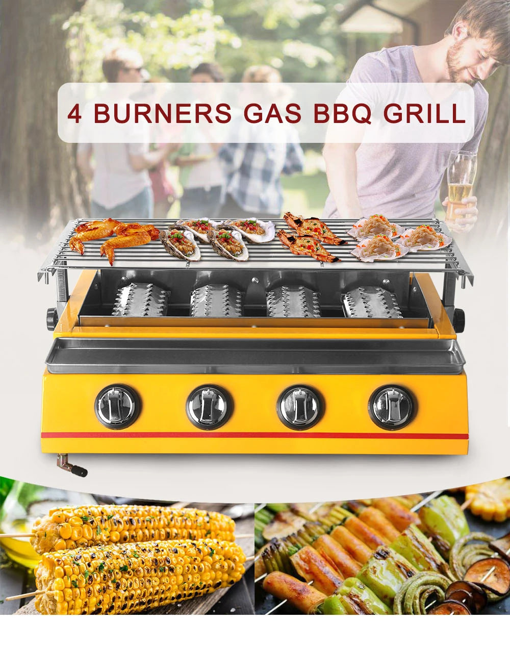 Smokeless LPG Grill 4 Burners Gas BBQ Stove Barbecue Tools For Outdoors Ceramic Burners With Stainless Steel or Glass Covers