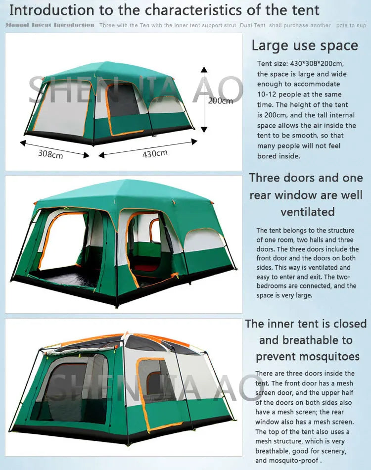 Outdoor Double Deck Two Bedrooms And Four Seasons Camping Waterproof Tent 8-12 People Picnic Large Space Camping Tent