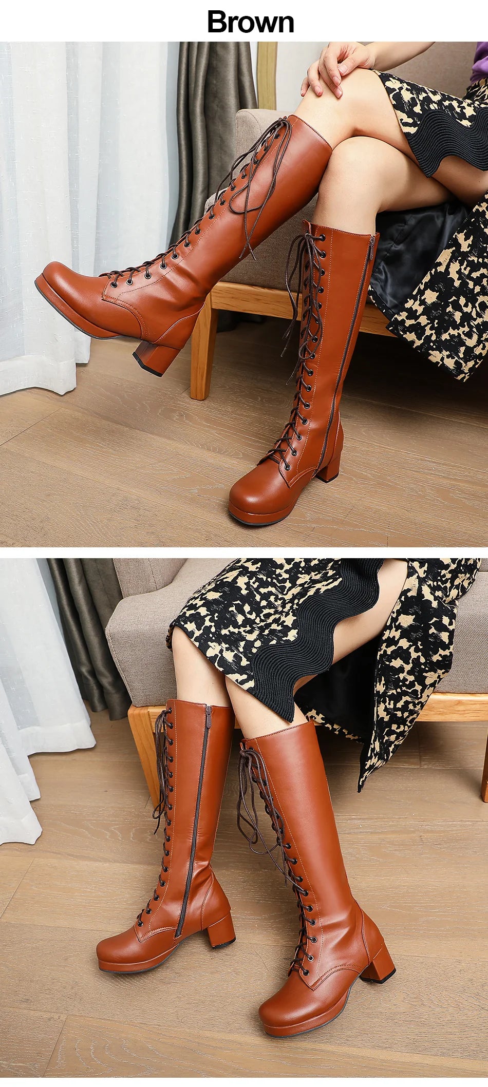 Gdgydh 2022 Autumn Lace-Up Women Motorcycle Boots Square To Low Heels Knee High Boots Winter Female Footwear Plus Large Size