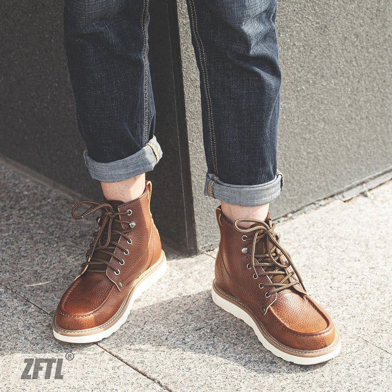 ZFTL Men's Boots Cowhide Thick-soled boots retro British Outdoor Tooling shoes Ankle Boots Male Casual Lace up boots 2025