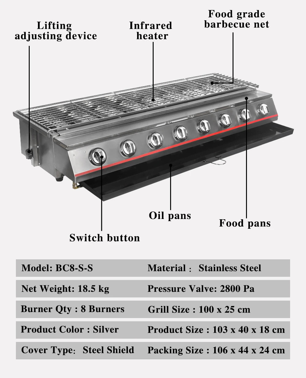 LPG Gas BBQ Grill 8 Burners Stainless Steel Smokeless Infrared Burners Barbecue Stove Outdoor Camping Roaster Kebab Commercial