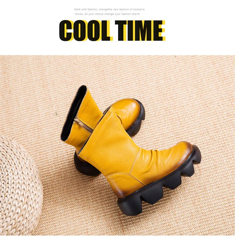 BEYARNE Ankle Boots Women Genuine Cow Leather Platform Bootie Side Zipper Soft Comfortable Autumn Winter Ladies Shoes Handmade